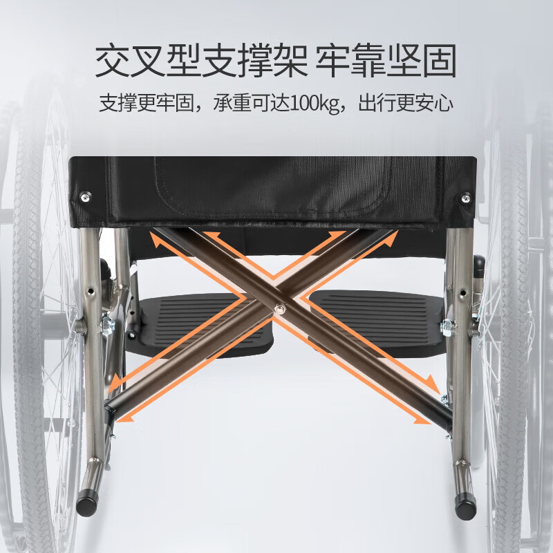 鱼跃折叠轮椅便携式轻便老人旅行手推车代步车减震铝合金免充气轻便折叠H062C有安全带/高清大图
