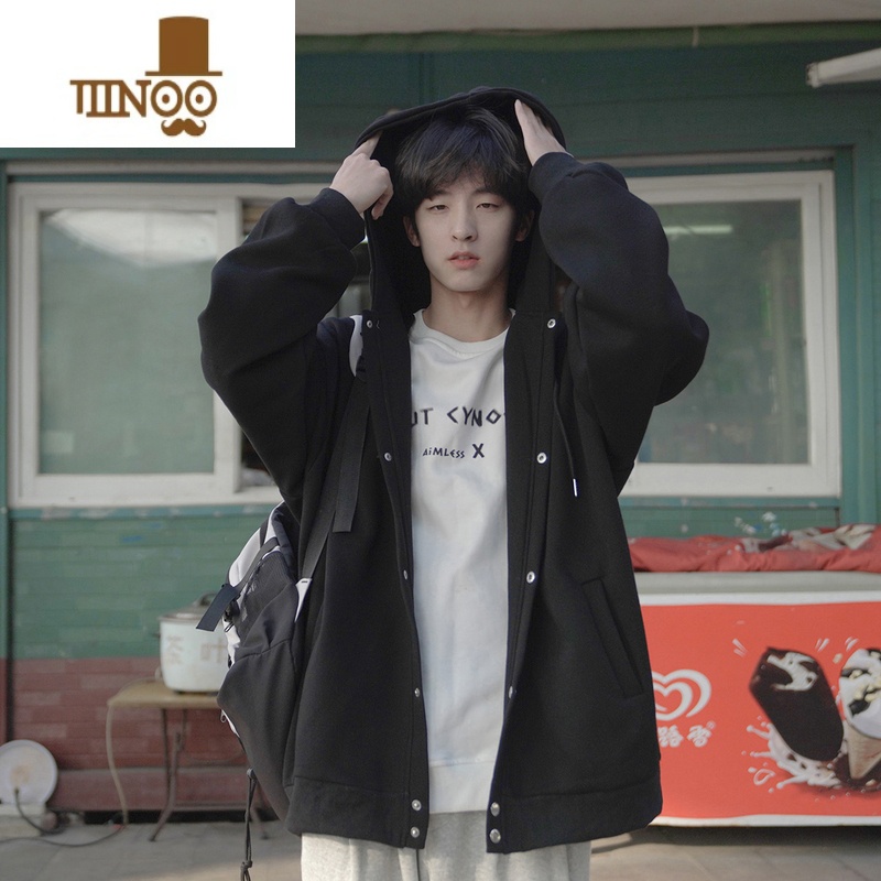 YANXU秋装男士开衫卫衣连帽刺绣单排扣少年感外套宽松时尚青春衣服潮