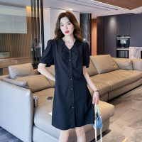 [2.5折价85元]唐狮V领短袖衬衫连衣裙女夏季新款裙子黑色显瘦小个子女装t
