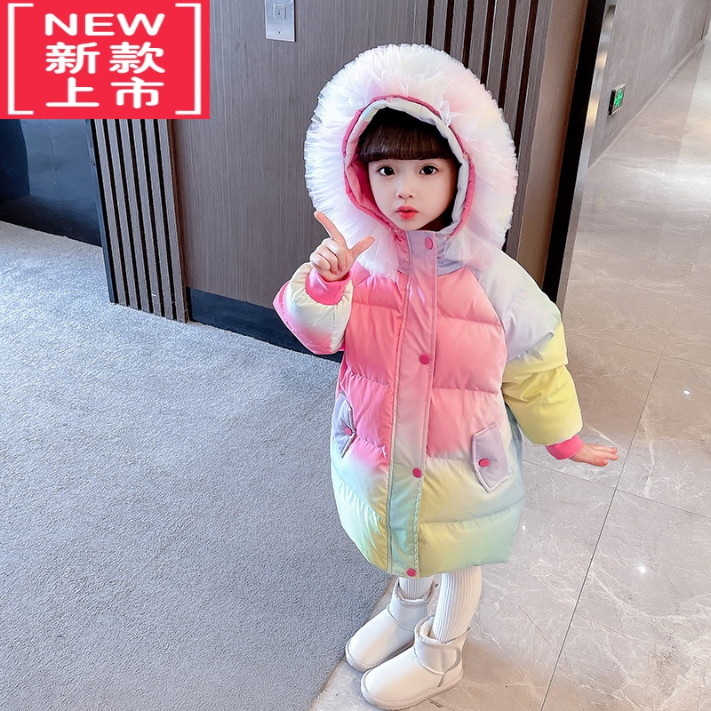 可莉允女童棉服2022年新款冬季中长款洋气毛领外套宝宝加厚羽绒服