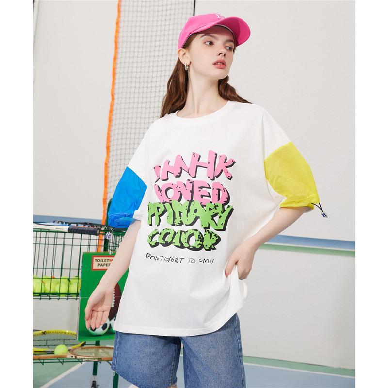 CACHE CACHE夏季新款洋气百搭字母印花拼色短袖抽绳宽松短袖T恤