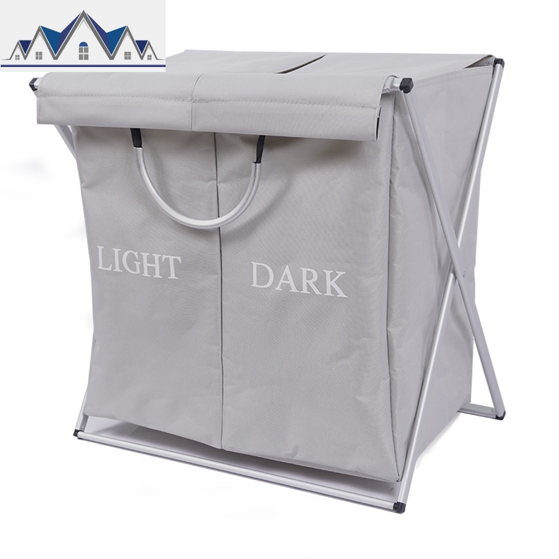 特大号双格折叠牛津布脏衣篮家用脏衣服收纳框 浴室换洗衣服篮子 三维工匠收纳篮 大号双格浅灰色加厚脏衣篮带盖款