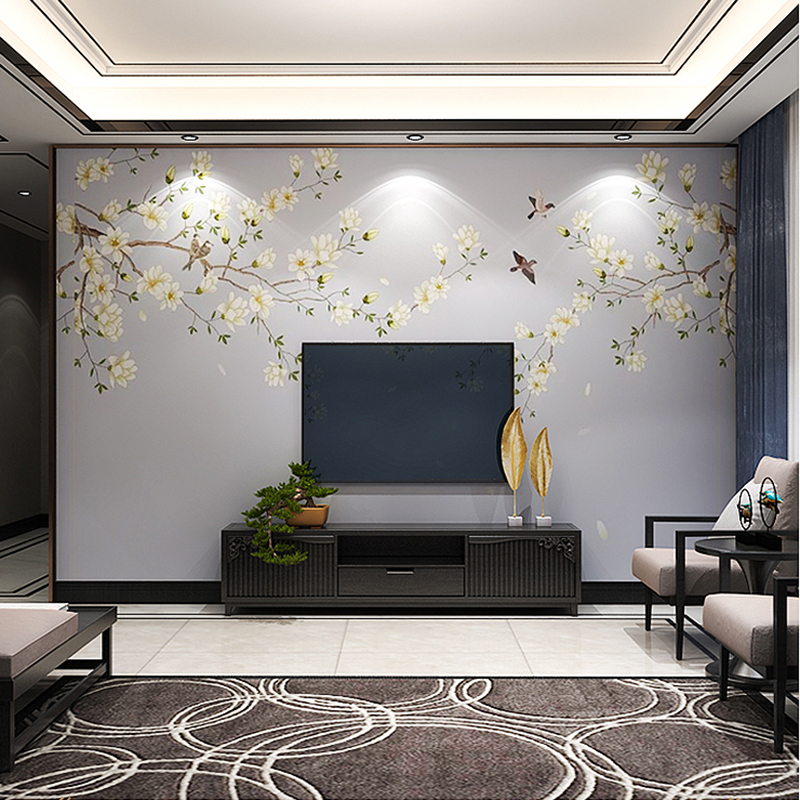 16d电视客厅背景墙壁画8d书房卧室无缝整张定制墙布墙纸中式古典鸟语