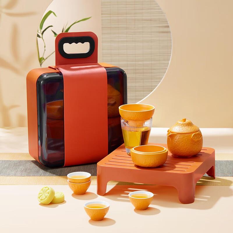 共禾京品(JINGREPUBLIC)开橘好运旅行茶具套装便携泡茶壶户外露营陶瓷茶杯7件套-一壶3杯高清大图