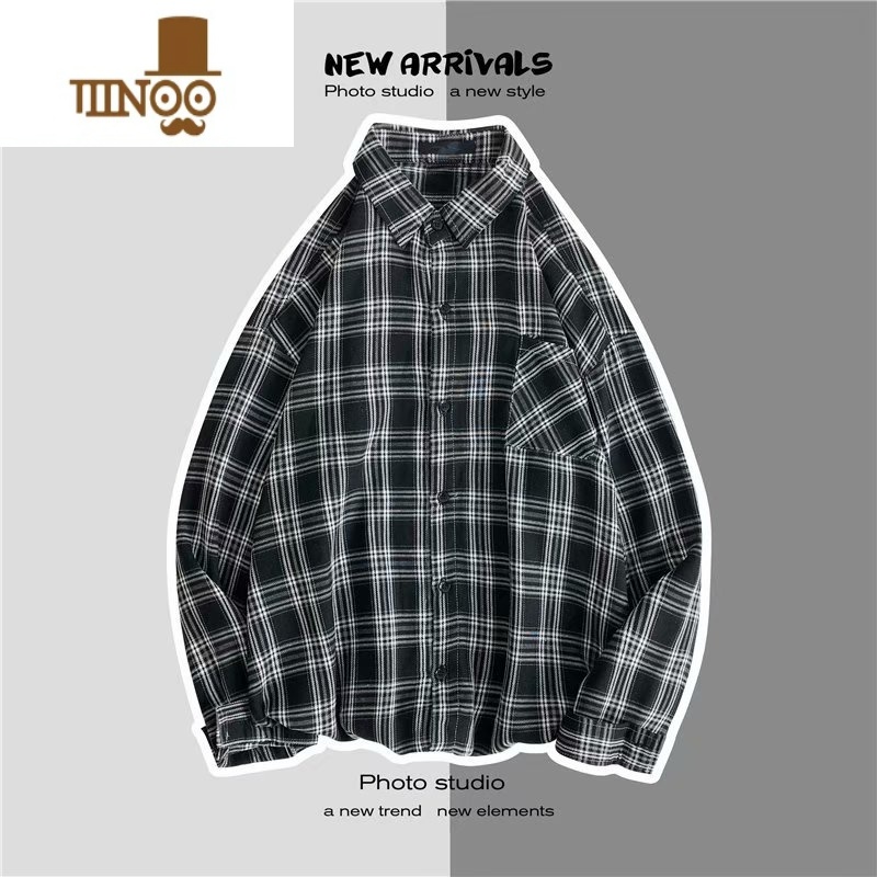YANXU复古工装格子衬衫男长袖潮流宽松休闲打底衬衣情侣百搭外套高清大图