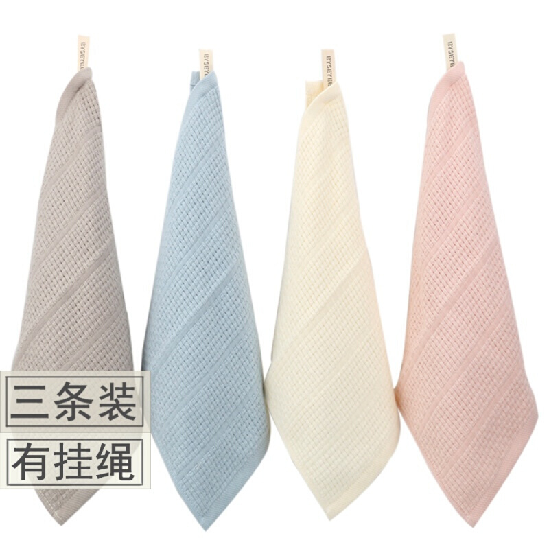 3条装纱布挂式洗脸巾家用卡通方巾柔软吸水擦手毛巾4条方巾(各色一条)34x34cm