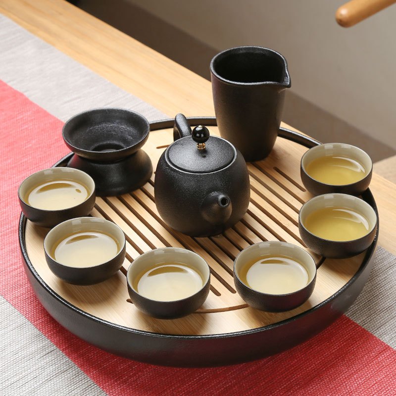 陶瓷茶盘日式家用竹托盘功夫茶具套装圆形简约干泡迷你小茶台 生活日用家居器皿
