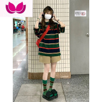 七斓网红甜酷休闲运动套装女夏美式校园风可爱红色条纹T恤短裤套