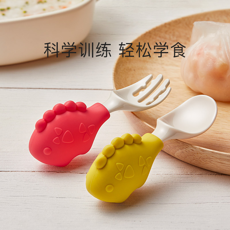 babycare宝宝叉勺学吃饭 短柄训练勺婴儿PPSU儿童餐具辅食勺套装 河豚-莫斯绿