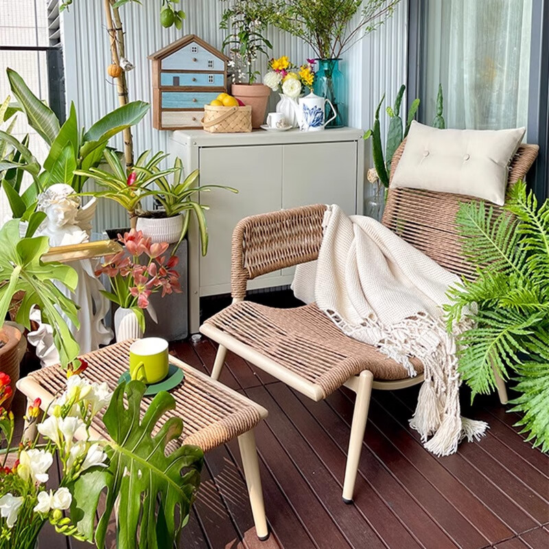 紫叶檀花贵妃椅阳台躺椅藤沙发单人小户型卧室家用简约民宿贵妃榻 沙发椅+脚踏-浅棕