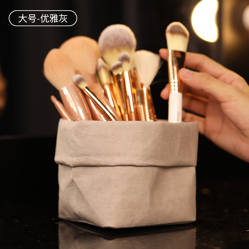 ins风化妆刷收纳筒牛皮纸杂物收纳袋少女心刷桶桌面化妆品收纳盒收纳袋 三维工匠高清大图