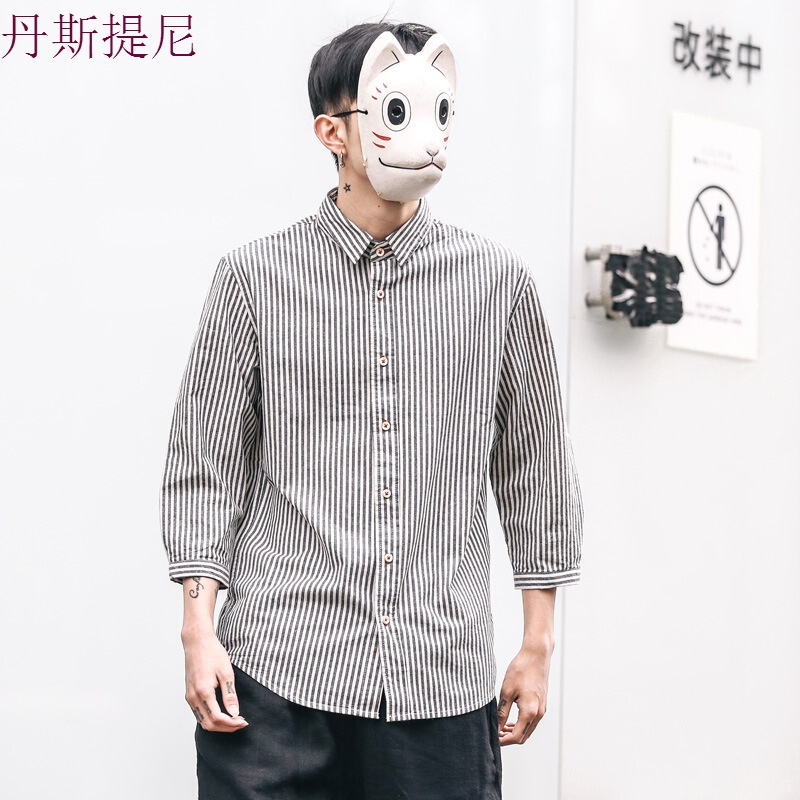 东京衣柜男装原创新款日系撞色条纹七分袖休闲衬衫青年潮流衬衣男