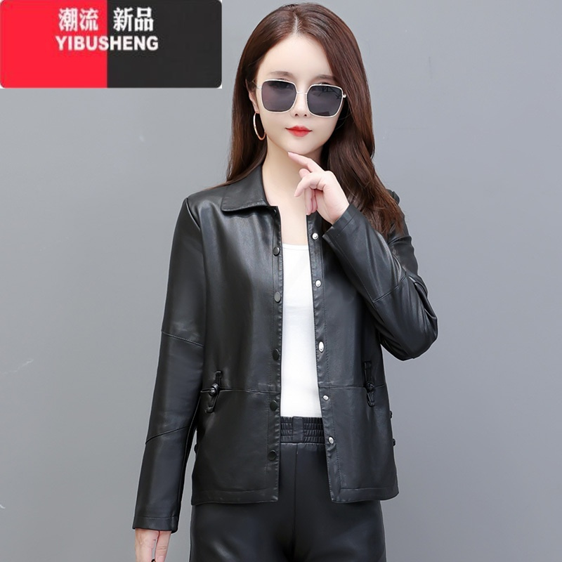 yibusheng春新款海宁皮衣女短款外套中年妈妈装简约上衣时尚休闲皮