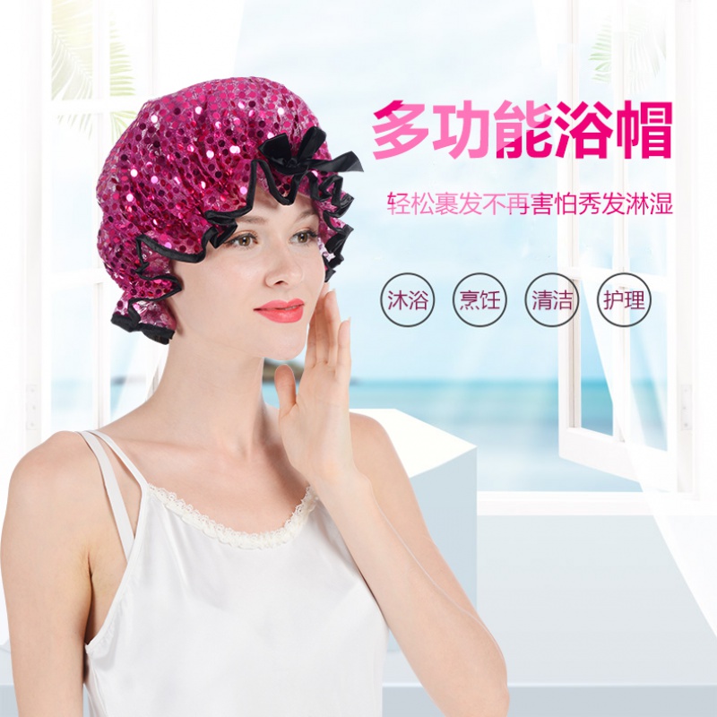 浴帽女款双层防水成人可爱头套厨房防油烟帽子洗澡加厚洗头沐浴帽 三维工匠 银色高清大图