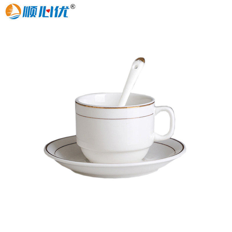 顺心优 陶瓷金边咖啡杯碟茶杯 三件套/套高清大图