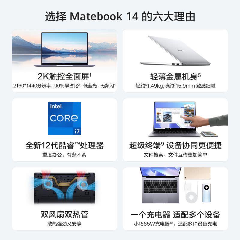 华为HUAWEI MateBook 14 2022款 14英寸 12代酷睿i7-1260P 16GB+512GB 深空灰 锐炬显卡 笔记本电脑 轻薄本 2K触控全面屏 超级终端图片