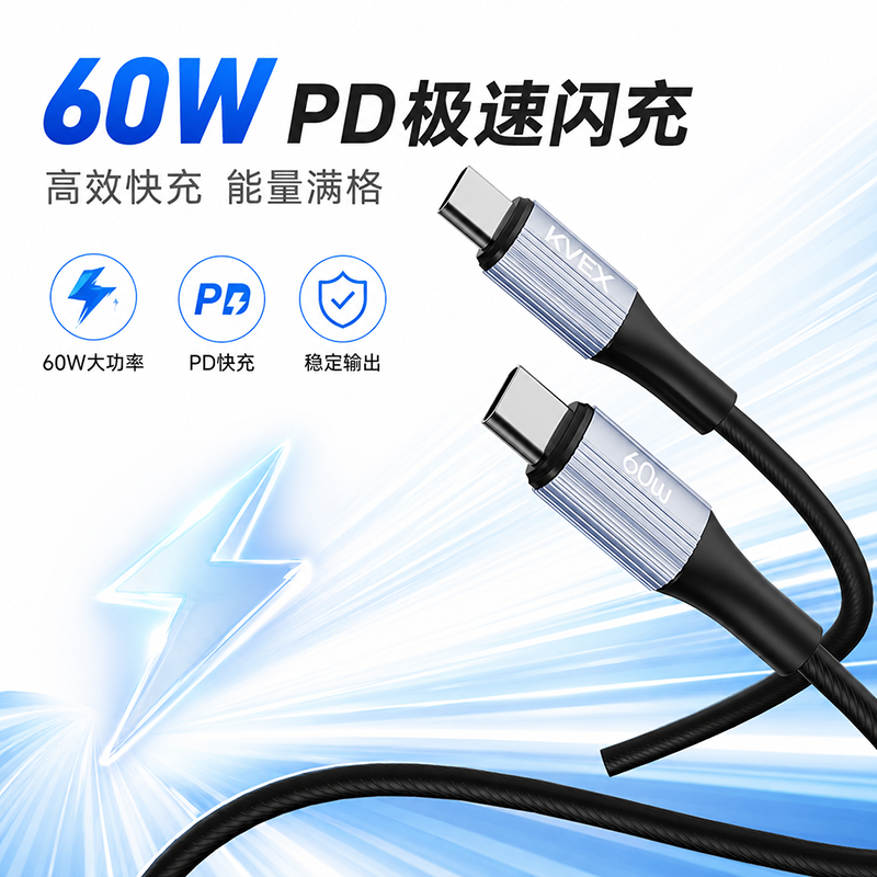 克维杰 100W硅胶数据线/27W编织数据线/66W3合一编织数据线韧系列 KV-CL10S ||高清大图