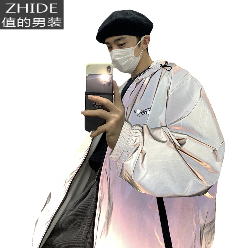 SUNTEK两面穿夹克男韩版潮流宽松休闲反光外套港风百搭春季大码连帽上衣夹克