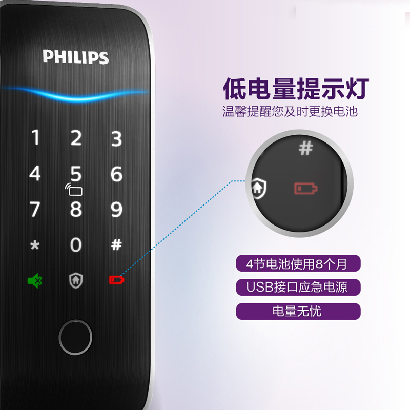 飞利浦(PHILIPS)151(珍珠银)5000系列辅助式智能门锁指纹锁密码锁家用智能锁电子锁室内门玻璃门锁