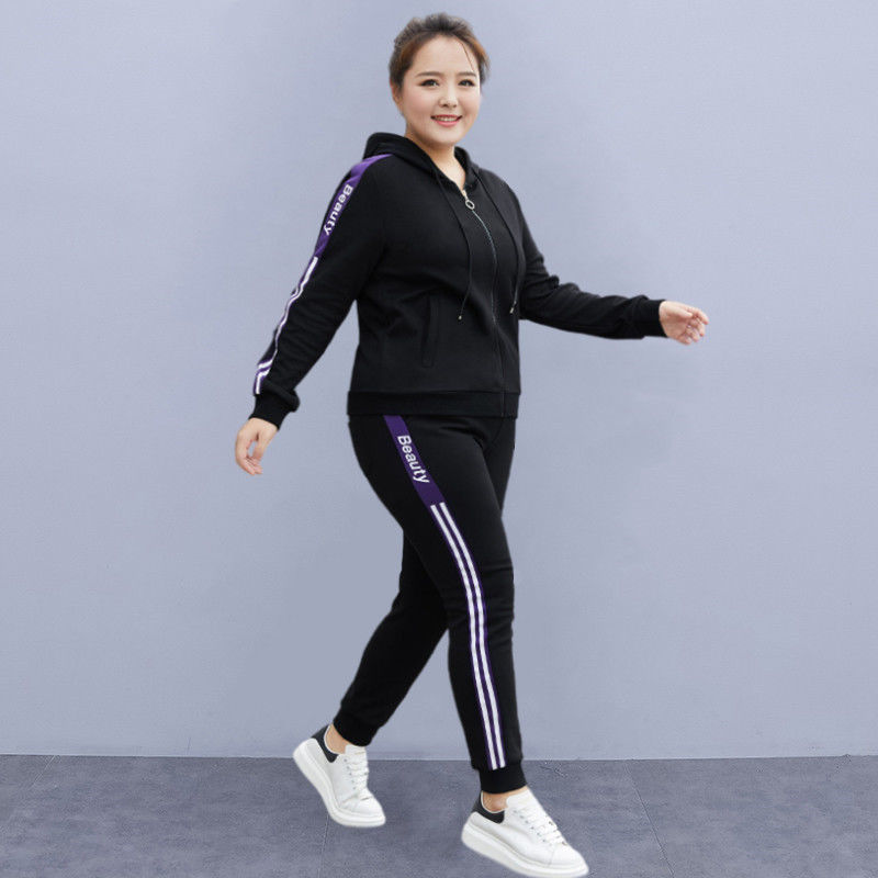 大码运动装套装女春秋胖mm300宽松休闲服跑步健身加肥加大两件套