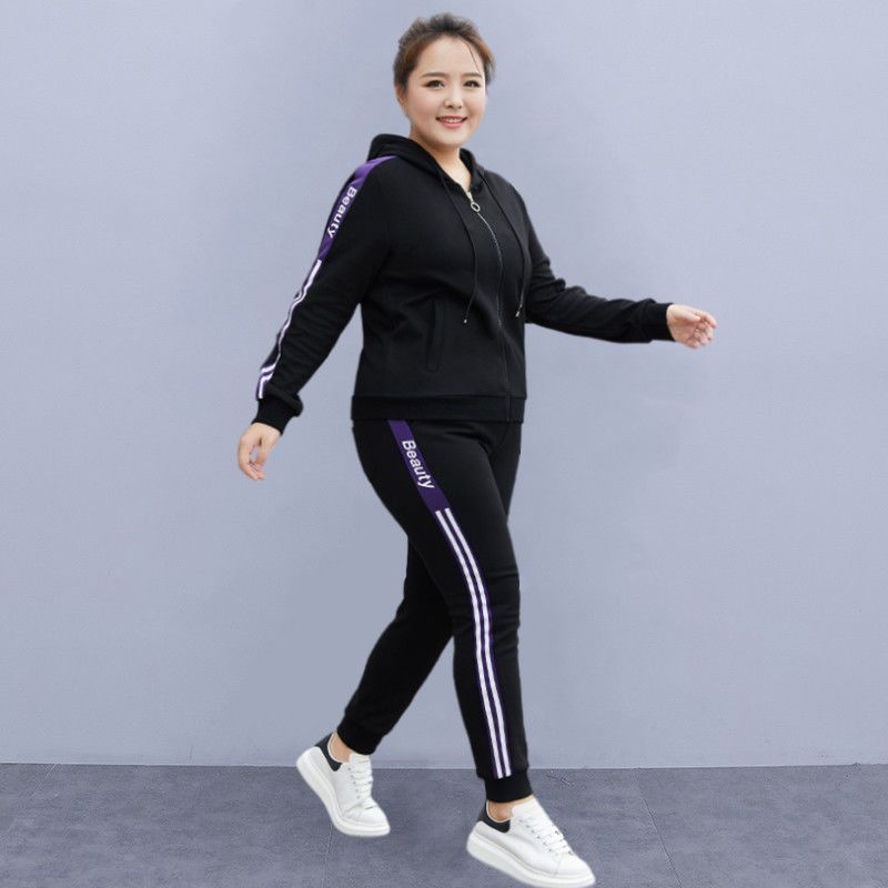 大码运动装套装女春秋胖mm300宽松休闲服跑步健身加肥加大两件套