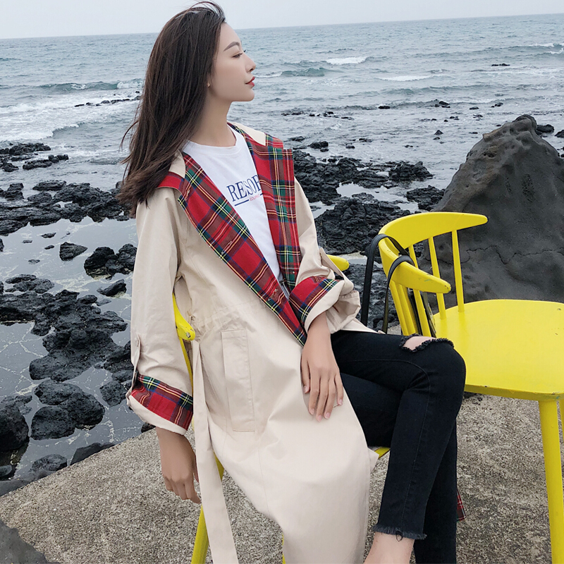 2018秋季中长款撞色chic风衣女火学生连帽宽松过膝外套