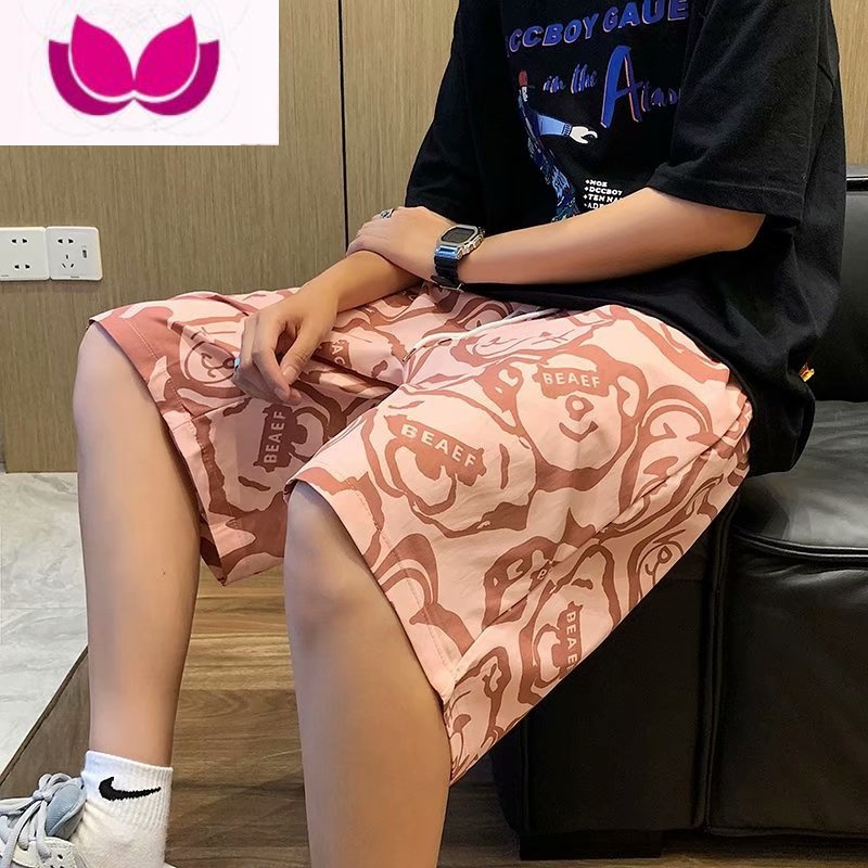 七斓夏季薄款小熊满印休闲短裤男ins潮牌宽松五分裤子潮流学生沙滩裤