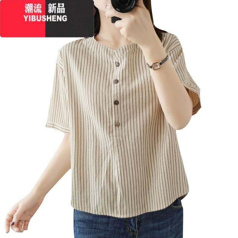 YIBUSHENG季新款女中年妈妈竖纹棉麻短袖大码女装显瘦洋气贵气减龄T恤衣高清大图