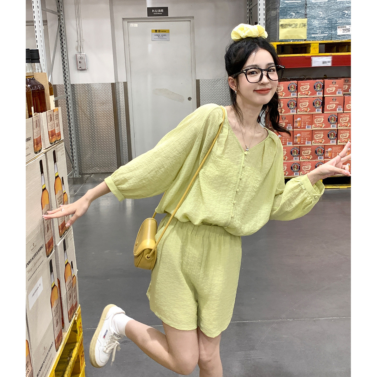 2024夏季女V领净色长袖上衣短裤套装简约百搭韩系潮流减龄_536 芥末黄 L
