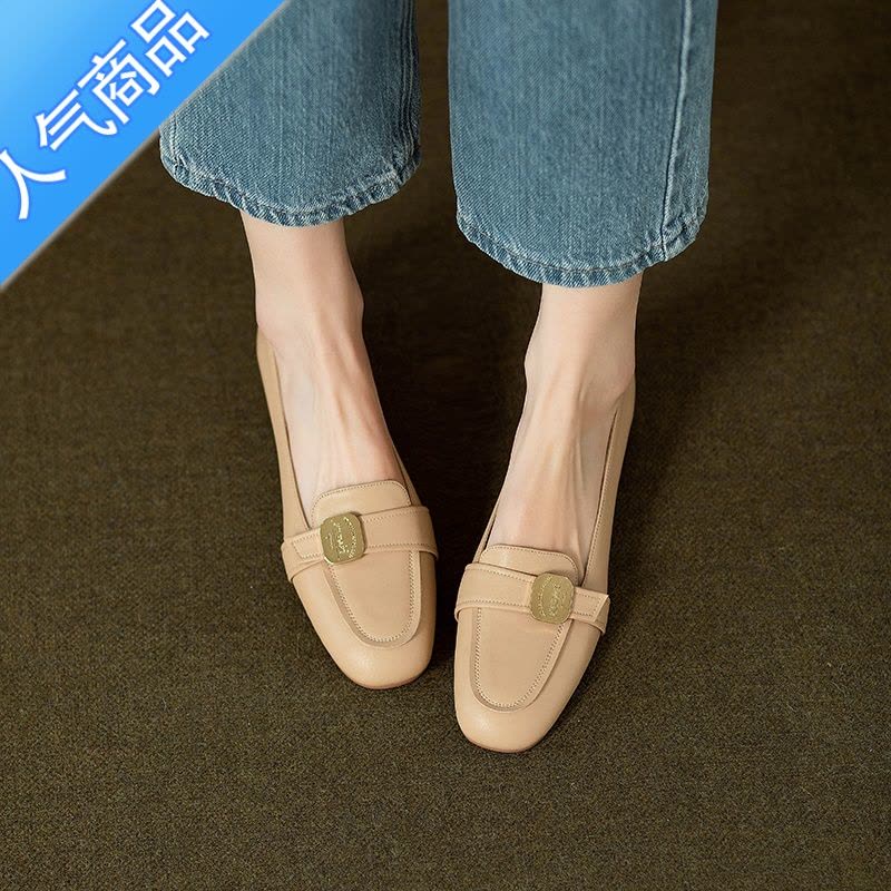 SUNTEK法式复古金属扣低跟乐福鞋女浅口2023春秋新款粗跟单鞋小皮鞋图片