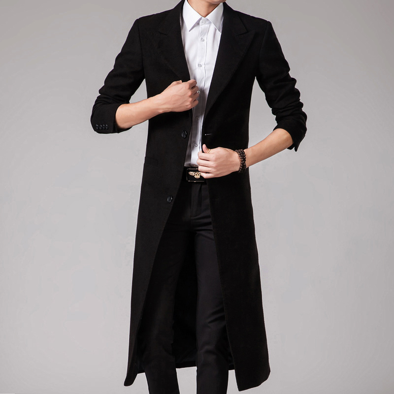 baluoshang韩版风衣男长款过膝秋季学生帅气修身超长款呢子外套潮流毛