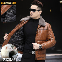 举翼王子海宁真皮皮衣男头层牛皮油蜡短款修身羽绒内胆皮夹克灰貂领外套潮_38 180/2XL 灰貂领+棕色油蜡牛皮脱卸羽绒内胆