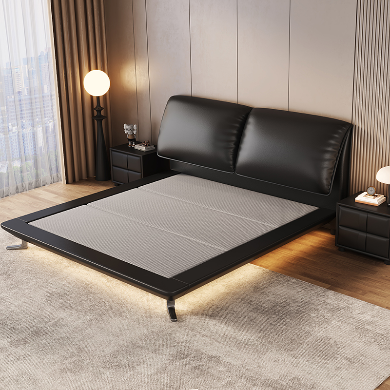 意式真皮床轻奢现代简约双人床主卧鸭子脚满铺悬浮床软包婚床高清大图