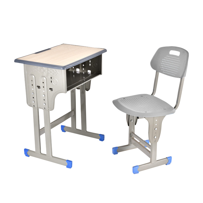 文灵中小学生课桌椅学校培训班辅导班课桌升降儿童书桌学习课桌椅套装 单人灰边双柱桌配加固塑料靠背款