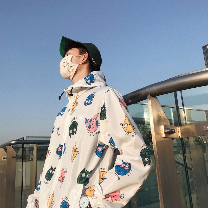 2018新款夏款防晒衣韩版bf情侣防晒服时尚印花连帽男士夹克潮外套