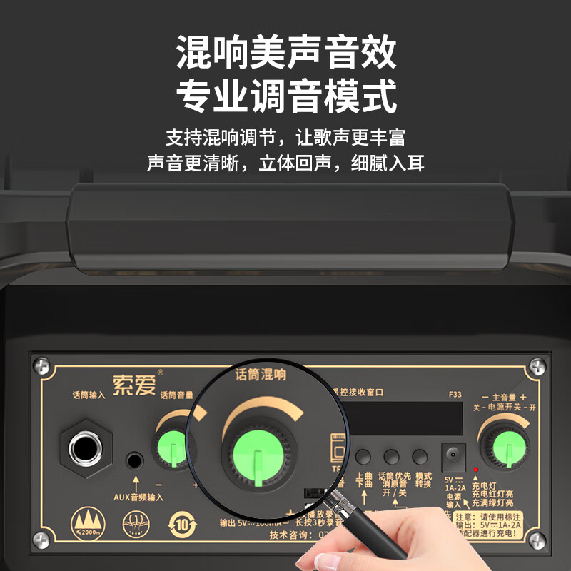 索爱(soaiy)SA-F33手提音响高低音户外k歌大音量广场舞电木吉他乐器音箱直播小型家用音箱 无麦高清大图