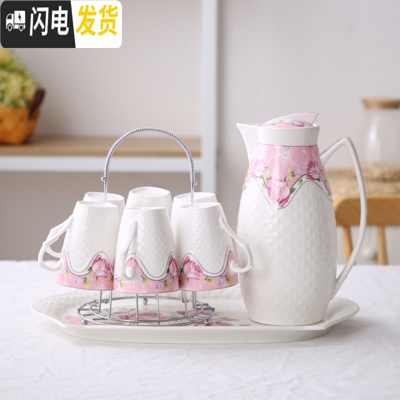 三维工匠茶具家用欧式水杯冷水壶凉水壶陶瓷杯水具套装耐热杯具配托盘客厅 经典成白1壶6杯送托盘高清大图