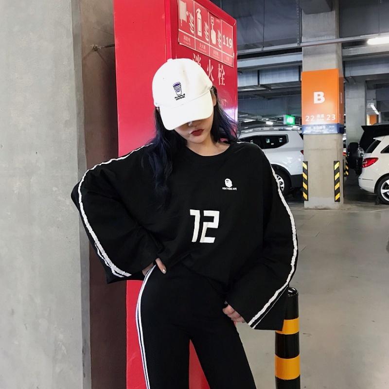 社会女衣服套装秋2018新款嘻哈少女防晒T恤+高腰条纹九分铅笔裤女