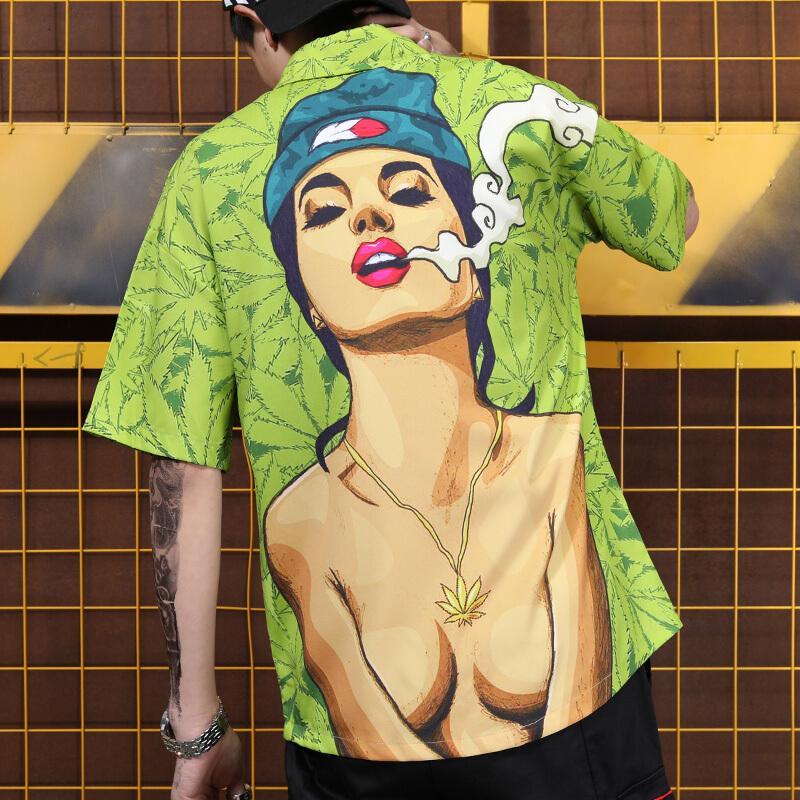 潮牌街头hiphop衬衣3D女人扎染开衫短袖青年衬衫