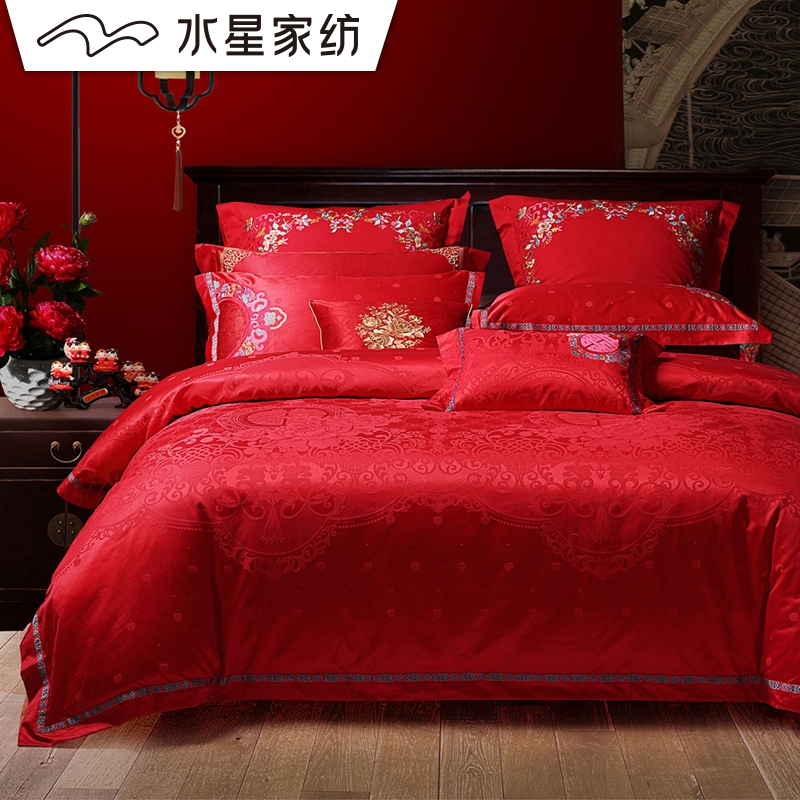 水星家纺结婚六件套婚庆提花新婚大红1.8床被套幸福婚嫁床上用品