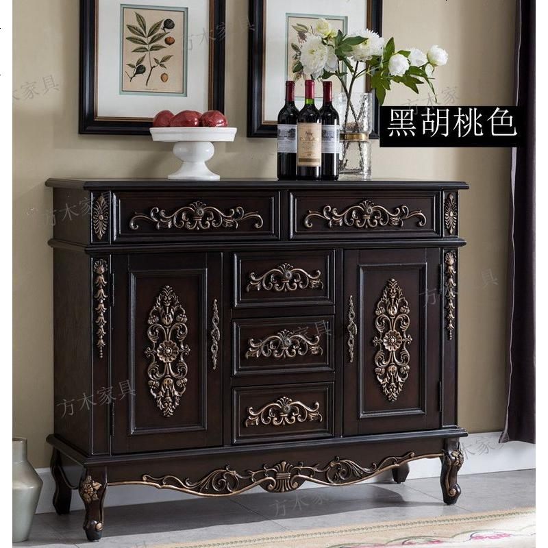 欧式餐边柜实木美式乡村鞋柜复古玄关柜子雕花描金厅备餐柜家具 深板栗色1.22米_双_