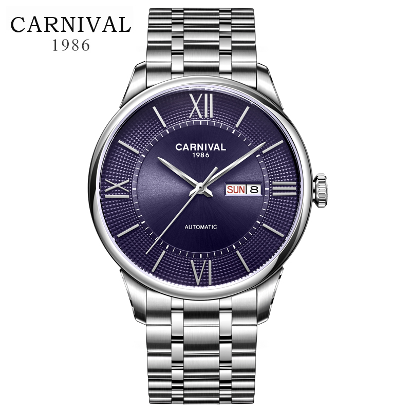 瑞士嘉年华(CARNIVAL)新款正品手表进口Miyota机芯自动机械表 男表时尚防水商务大表盘精钢男士腕表8846 银色蓝面