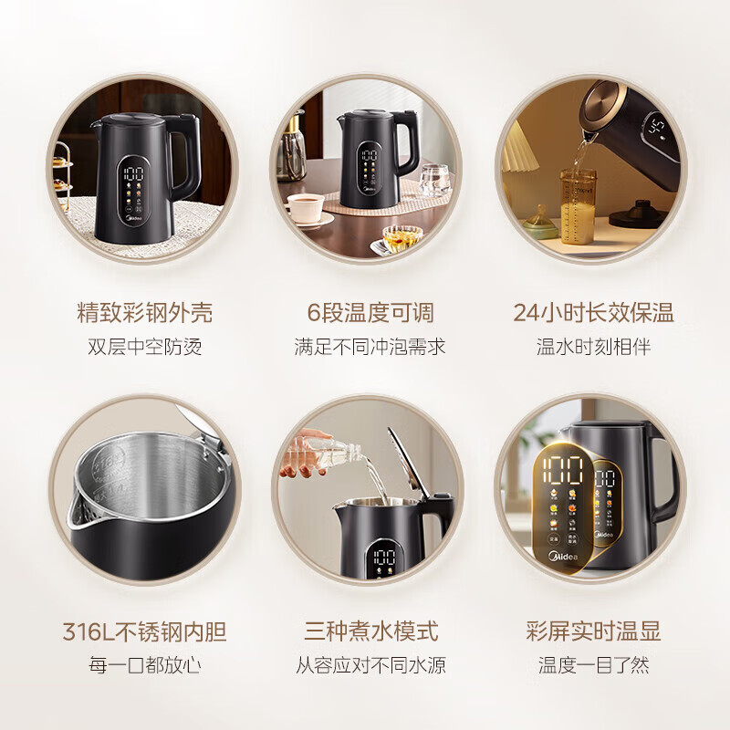美的(Midea)电水壶1.7升保温电热水壶多段温度可控316不锈钢内胆烧水壶开水壶三种煮水模式MK-SHE1750高清大图