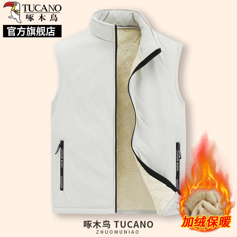 啄木鸟羊羔绒马甲男士冬季外套加绒加厚中年爸爸马夹保暖背心绒高清大图