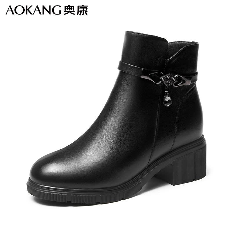 奥康女靴冬季加绒保暖休闲直筒靴牛皮高帮粗跟马丁靴女英伦复古短靴图片