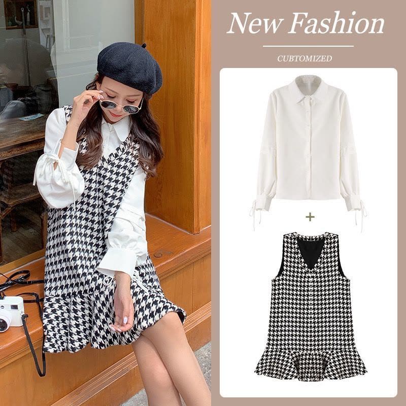 美动态大码女装2022春季千鸟格连衣裙套装小香风胖mm显瘦气质裙子图片