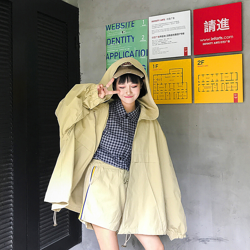 韩版时尚休闲套装春夏女装连帽风衣上衣外套+阔腿裤短裤两件套潮蓝色两件套均码