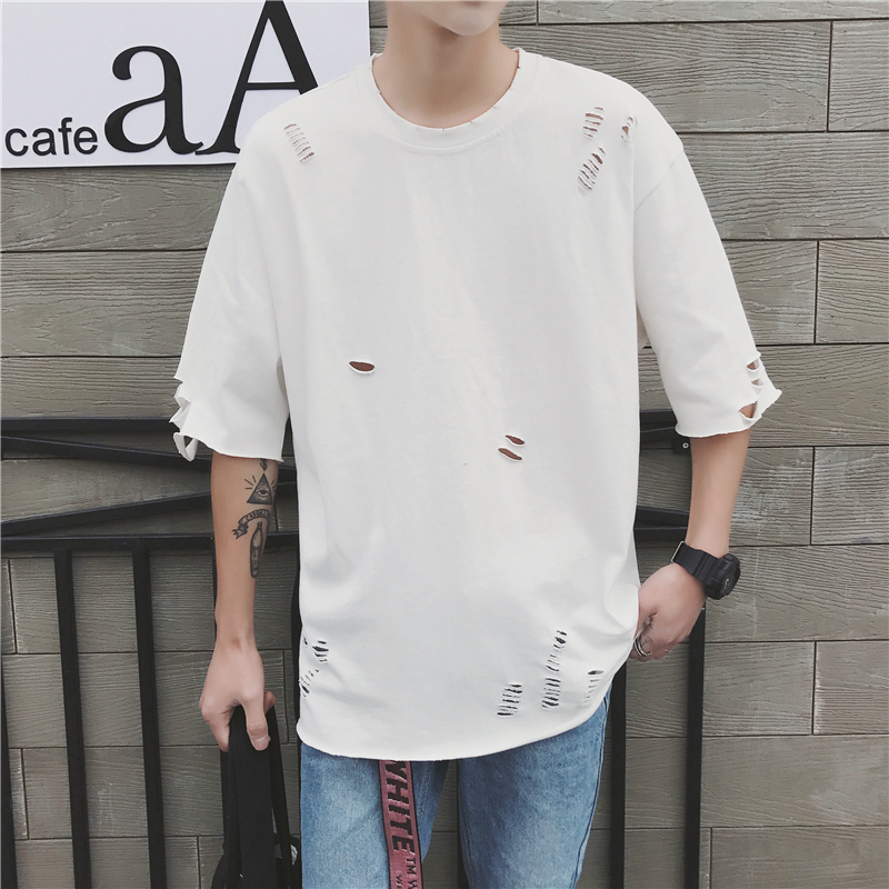 型师时尚服装 夏款潮男装个性另类夜店DJ中长款破洞宽松短袖T恤