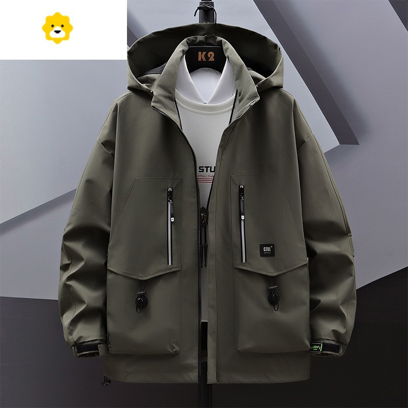 fishbasket冲锋衣男士外套春秋季休闲工装夹克男防水大码潮牌连帽运动