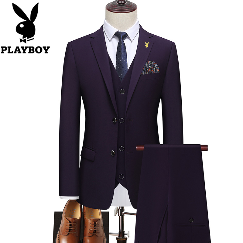 花花公子西服套装男士三件套修身商务正装西装伴郎新郎结婚礼服男高清大图